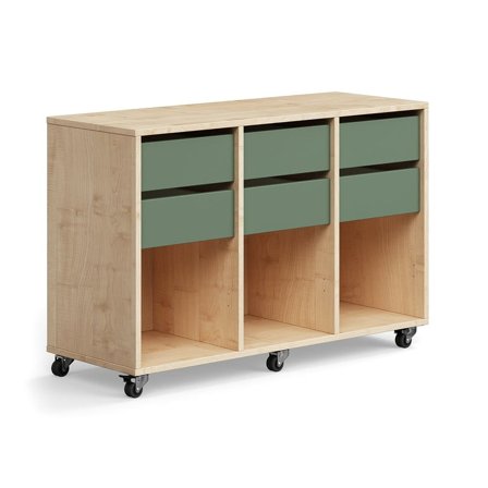 Student storage CASPER, 6 drawers, 3 compartments, birch, dark green