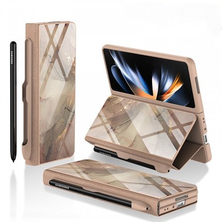 För Samsung Galaxy Z Fold 4 Fodral med S-Pen Hållare Flip Plätering Glas Kristall Hybrid Läder All-Inclusive Cover, med gångjärnsskydd