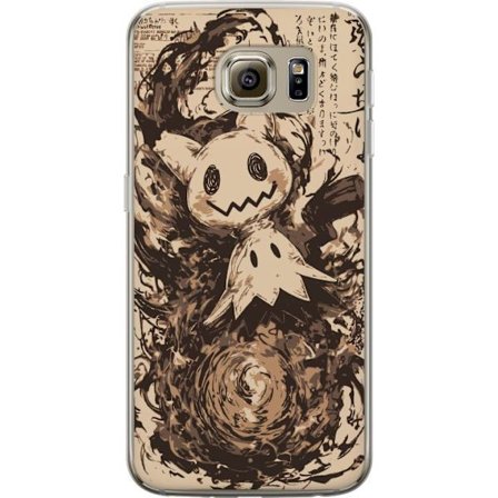 Samsung Galaxy S6 Genomskinligt Skal Mimikyu i dramatisk konststil omgiven av mörka virvlar och färgstänk som skapar en mystisk och intensiv atmosf