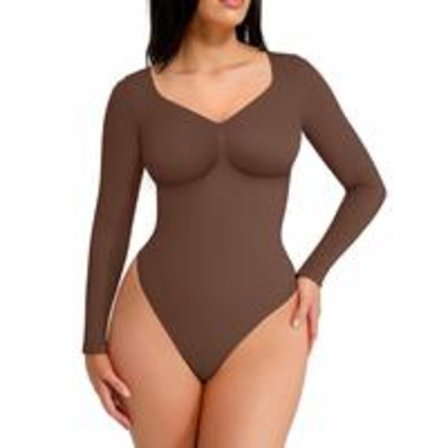 Sømløs formende langærmet stringbody til damer, behagelig bodysuit til toppe og undertøj, komfortabel basismodel mørkebrun S