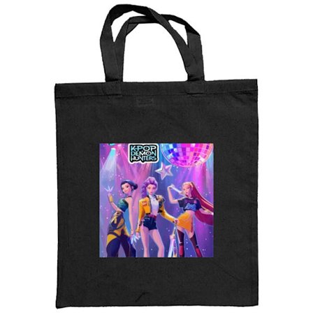 Kangaskassi K-pop Demon Hunters tyttöryhmä neonvalaistulla lavalla, jossa on diskopallo, futuristiset asut, voimakkaat värit ja energinen pop-esteetti