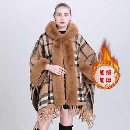 Höst- och vintertrendig cape sjal plus sammet förtjockad pälskrage rutig huva tofs stickad sjal cape