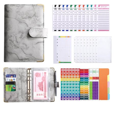 A6 budsjettplanlegger, 6-rings budsjettperm med kontantkonvolutter, sparemappe sparebok med folie, budsjettark, etikettklistremerker, farge grå