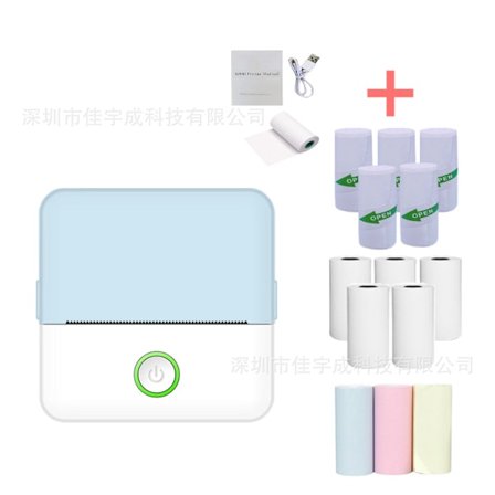 Bærbar termisk skriver med 5 ruller skriverpapir, 5 ruller klistremerkepapir og 3 ruller fargepapir, blå