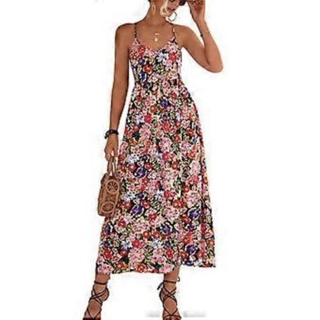 V-hals Ærmeløs Kjole Kvinder Elegant Blomsterprint Højtaljet Krydsryg Split Kjole til Fest (L Sort)