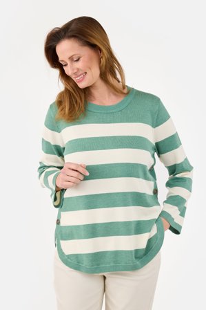 JENSEN - Langærmet Strik - Grøn / Off White - Knapdetaljer