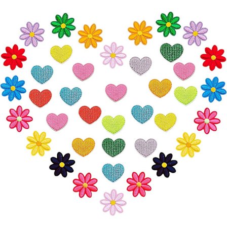 40 stk Klesstrykk, Daisy Blomst Stryke-på Lapp og Mini Fargerike Hjerte-lapper for Pynt og Klesreparasjon/DIY Dekorasjon (Farge)