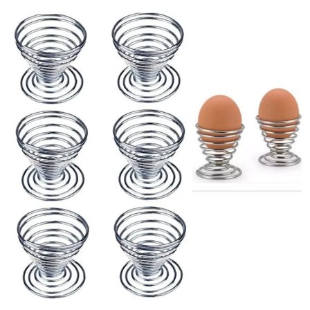 6 stk. æggebæger i rustfrit stål med spiralformet snor til køkken, morgenmad, hårdkogte æg, æggeholder, æggebakke til grill/æggebakke