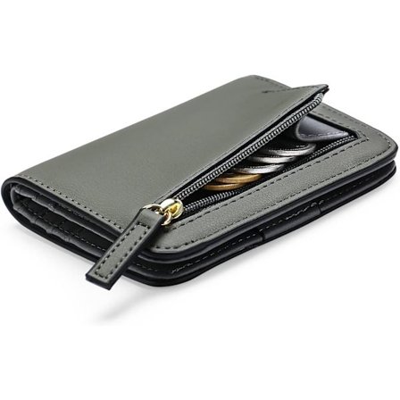 Mørkegrå - Damepung RFID-blokerende læder kompakt bifold pung til kvinder lynlås møntlomme S