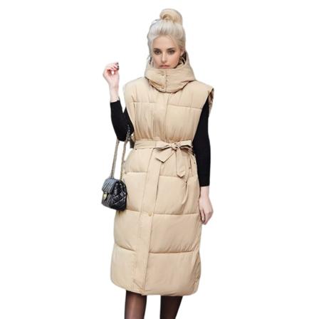 Lång väst dam höst och vinter lös ärmlös fjäder bomullsjacka varm kappa väst damkläder KHAKI L