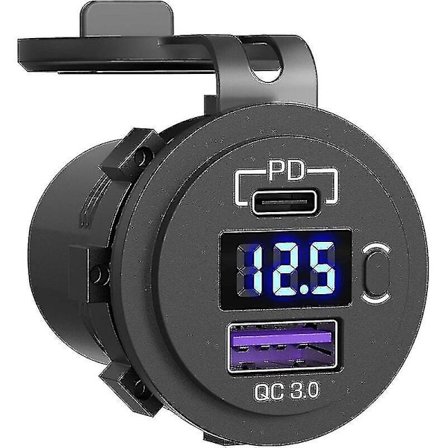 48W USB C Bilopladerstik, 12V/24V PD&QC 3.0 Bilopladerstik med LED Voltmeter og On/Off Kontakt Hurtig Biloplader