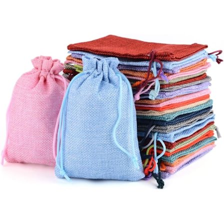 (L Tilfeldig Farge) 50 Pakk 15x20cm Juteposer med Trekkstreng Små Juteposer Adventskalender Smykker Bryllup Fest Chri