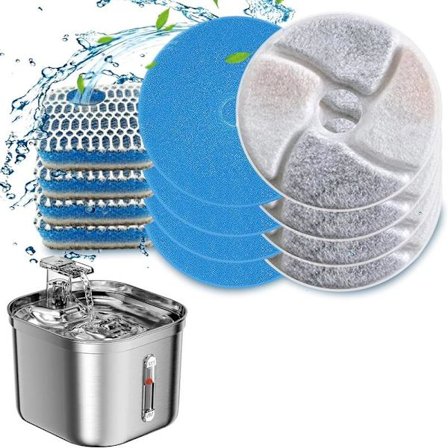 Rustfritt stål kvadratisk kattevannfontene filter 6-pakning kattefontene filter erstatning, 3-trinns filtreringssystem, aktivt kullfilter for 73