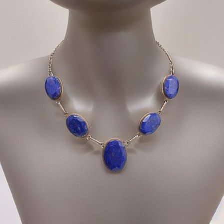 Lapis Lazuli Smyckesset i 925 Silver: Halsband (Justerbar 47 cm) och Armband (17 cm)
