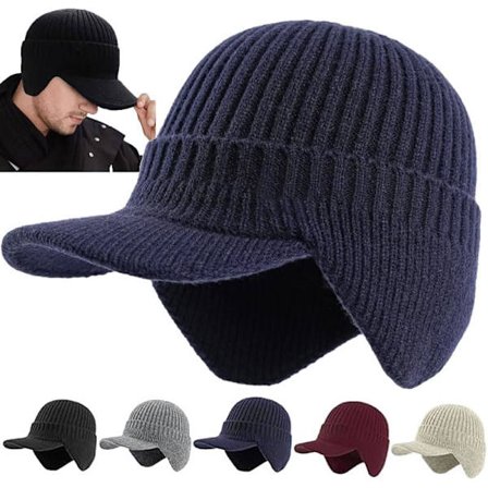 22cm Elastisk Varmt Ørebeskyttende Strikket Hat, Vinter Beanie Udendørs Varme Huer med Skygge og Øreklapper