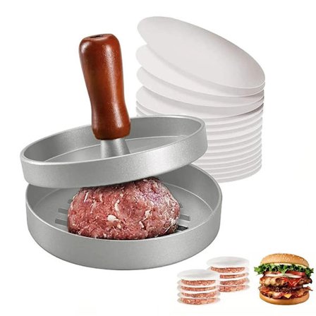 Hamburgerpresse i rustfrit stål med træhåndtag, non-stick, inkl. 100 stykker bagepapir