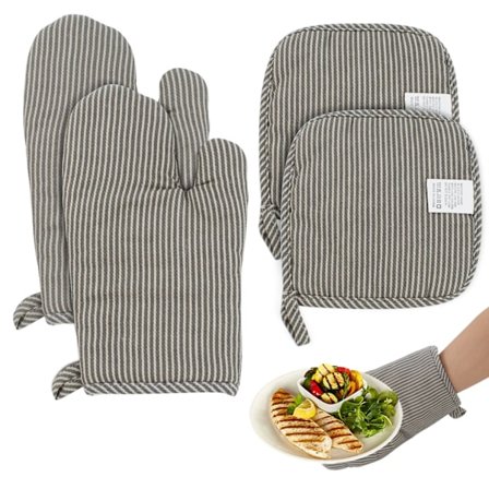 Ovnluffer med grydelapper, 4PC dobbelt varmebestandige ovnhandsker, bomuldsstribede varmebestandige handsker til køkkenmadlavning bagning BBQ(grå)