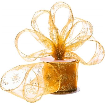 Kulta Organza Lahjanauha - Joulunauha Langalla Lahjojen Käärimiseen 10m x 63mm Hileellä ja Lumhiutaleilla Joulukoristeluun