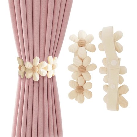 2 st Beige Blommig Gardinhållare Enkla Gardinband med Knappar, Dekorativa Gardinband för Gardiner Sovrumsfönster