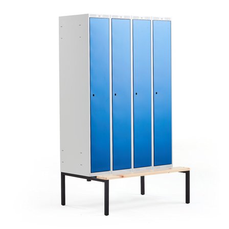 Kleiderspind CLASSIC mit Sitzbank, 4 Module, 2120 x 1200 x 550 mm, blau