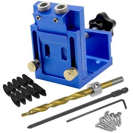 1 Sæt Lommehulsjig Dobbelt 15 Grader Bærbar Borguide Træbearbejdningsværktøj Blå 13.2X9.8CM Blue 13.2X9.8CM