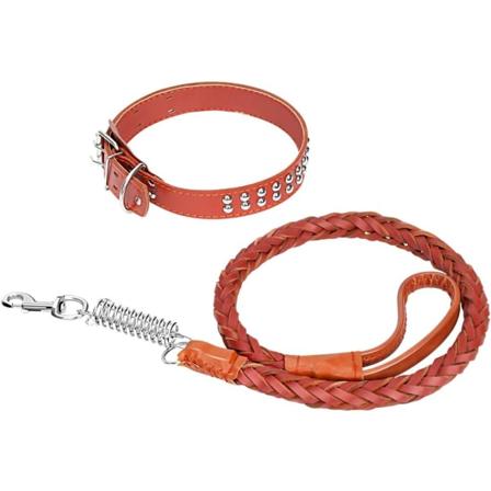 4FT Hundesett med lærrem og halsbånd, Full Grain Lærhalsbånd og Sterk Håndflettet Lærrem, Robust Hundesett for Trening og Gåtur