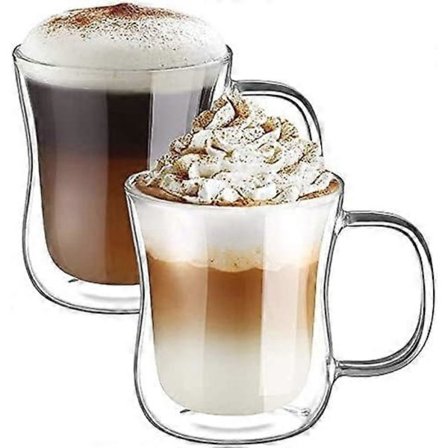 2x350ml Dobbeltvæggede Kaffeglas Krus Cappuccino Latte Macchiato Glas Kopper med Håndtag Holdbare Glas Kopper til Kaffe Te