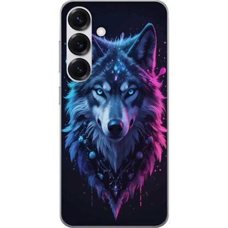 Kompatibelt Mobildeksel til Samsung Galaxy S25 Mystisk Ulveportrett i Neonblått og Lilla Glød