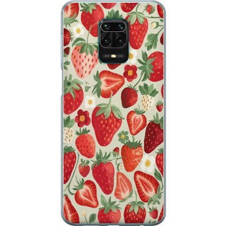 Yhteensopiva Puhelinkuori Xiaomi Redmi Note 9 Pro Koristeellinen kuviointi, jossa on punaisia mansikoita, vihreitä lehtiä ja pieniä kukkia