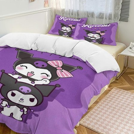 v1517 Kuromi Dyne Sæt Tyk Blød 3 Dele Sengelinned Sæt Helårs Dynebetræk med 2 Pudebetræk til Voksne Kvinder Piger Teenagere Hjem Værelse Indretning 