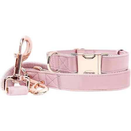 Halsband och koppel till hund (6,6 fot) - mjukt veganskt läder med roséguldfärgat metallspänne, justerbara 3 längdsbälten