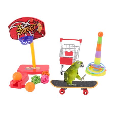 4 stk. Fugletræningslegetøj Interaktiv Sjov Basketball Skateboard Trolley Papegøjelegetøj til Undulat Parakit Cockatiel