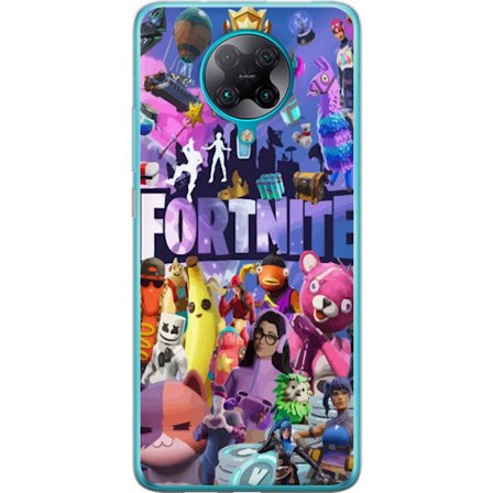 Xiaomi Poco F2 Pro Gjennomsiktig deksel Fortnite kollasj med ikoniske karakterer, skins, Victory Royale og sterke farger som skaper et energisk og act