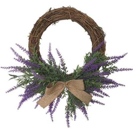 Violetti keinotekoinen laventelin kukkakranssi rusetilla, käsintehty rottinkinen laventelin pieni kranssi etuosaan