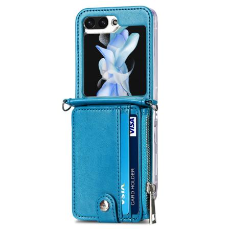 Samsung Galaxy Z Flip 5 - Plånboksfodral i Retrostil av PU-Läder med Korthållare och Halskedja Marine blue