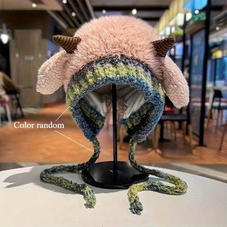 LS Dame Vinter Varm Hue - Foret, Vindtæt Hue med Lyse Regnbuestriber og Fluffy Pom-Pom, 4 Farver Tilgængelige (FMY) Pink