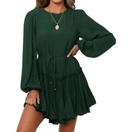 ivimos Dam Fall Bomull Långärmad Casual Volang Fåll Swing Miniklänning med Bälte Mörkgrön X-Large