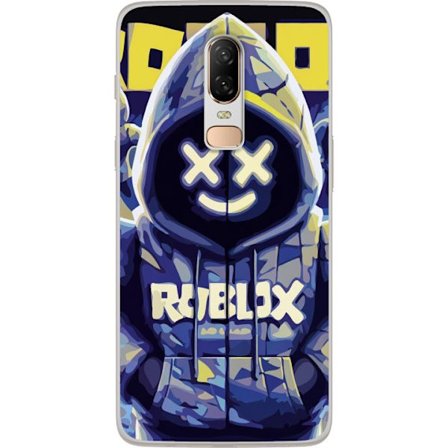 Kompatibel Mobilcover til OnePlus 6 Blågul Roblox hættetrøje-figur med minimalistisk neonstil og mesh-ansigt, moderne spilillustration til spil dek