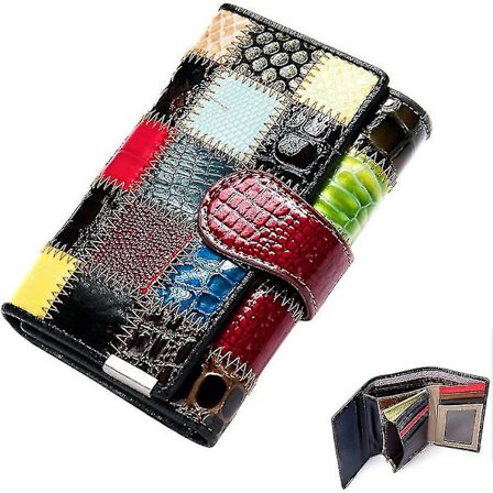 Flerfarget - Dame flerfarget ekte skinn kortholder lommebok arrangør veske søm mønster lommebok veske med klaff telefon clutch