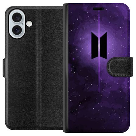 Kompatibelt Plånboksfodral till Apple Apple iPhone 16 Plus BTS-logga lila galax kpop armé affisch rymden stjärnhimmel koreansk musik band symbol ik