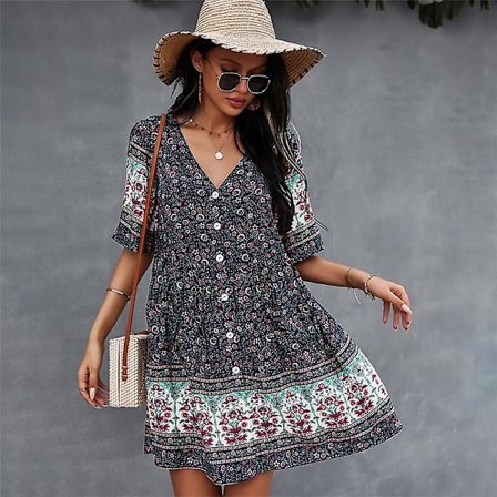 Vår Sommer Trykk Kort Kjole Kvinner Uformell V-hals Bohemian Kortermet Sexy Beige Grønn Marineblå S M L XL