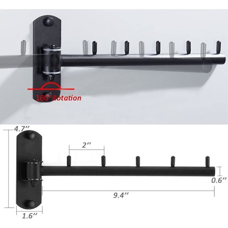 Sammenklappelig vægmonteret tøjbøjlestang med svingarm, foldbar 180° rotation, (sort)
