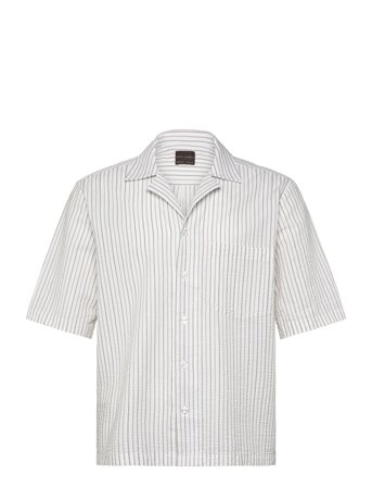Oscar Jacobson Reg Fit Cuban Ss Striped Seersucker Shirt - White - XXL