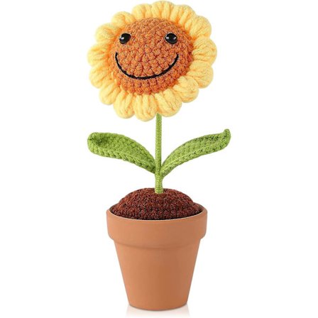 Konstgjord solrosdekoration, handgjord virkad leende solrosor för hemmakontorsdekorationer. Söt stickad virkad dekorpresent till kvinnors födelsedag