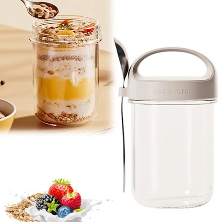 Overnattingsgrøtkopp, 430 ml müsli frokostkopp, yoghurtkopp med skje, müsli frokostkopp, müsli frokostkopp, grå