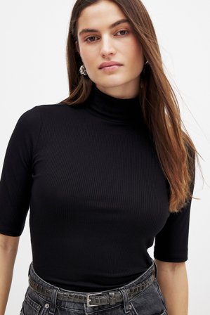 NA-KD Short Sleeve Rib Collar Top - Turtlenecks - Sort - XS (EU 32)