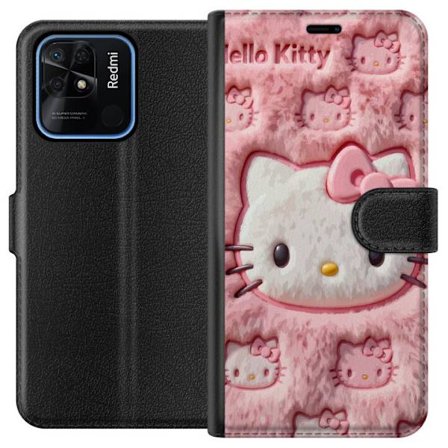 Kompatibelt Lommeboketui til Xiaomi Redmi 10C Hello Kitty rosa fluffy bakgrunn med ikoniskt ansikt og kawaii-estetikk
