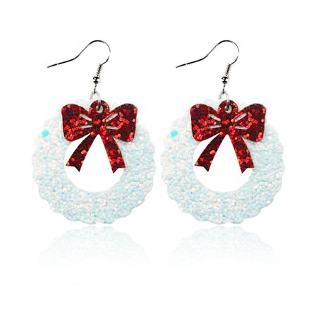Boucles d'oreilles en cuir avec arc en forme de couronne de Noël et paillettes en PU
