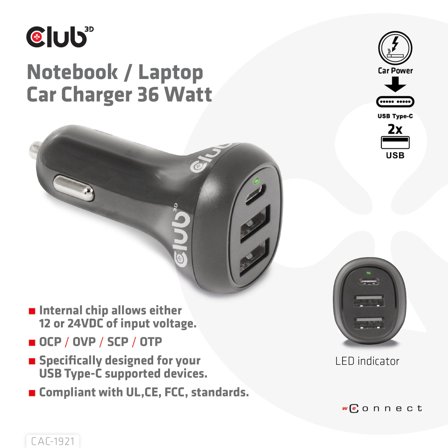 Club 3D USB KFZ-Ladegerät 1xUSB C, 2xUSB A, 36W, 12/24V retail