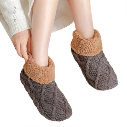 Vinterstrikkede ankel hjemmesko sokker til kvinder og mænd tyk fleeceforet blød skridsikker bund såler varme gulvsokker mørkegrå